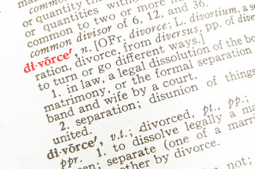 closeup of divorce dictionary definition, in red