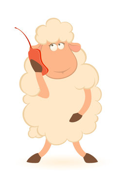 Vector illustration of cartoon sheep speaks by phone
