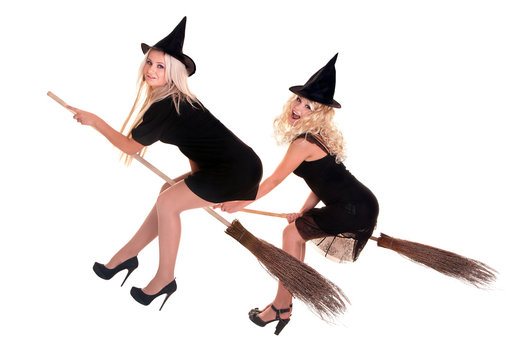 Group Halloween witch blond in black hat fly on broom.