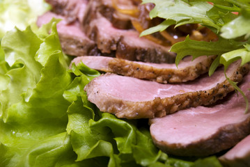 Appetizer made of  meat delicacies and salad