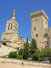 Fototapeta na wymiar Avignon Pałac Papieży i posąg Notre-Dame des Doms