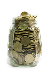 Jar full of euro coins, on white background