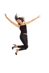Fototapeta na wymiar Cute young energetic girl wearing black jumping in air
