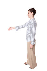 Caucasian woman handshake greeting reach