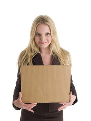 blonde businessswoman with cardboard sign