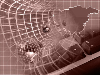 Global network - globes, map and cobweb, background in reds