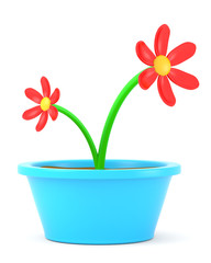 Cartoon flowers in pot isolated on white background