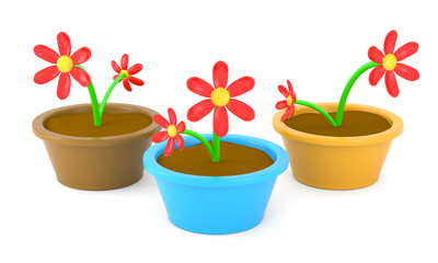 Cartoon flowers in pots isolated on white background
