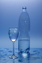 glass of water with plastic bottle