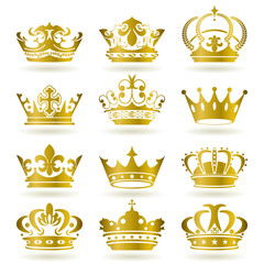 Gold 12 Crown Icons Set - obrazy, fototapety, plakaty