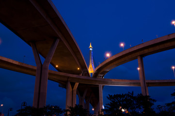 Crossing highway bridge in twilight