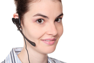 customer service - pretty young adult woman wearing telephone he