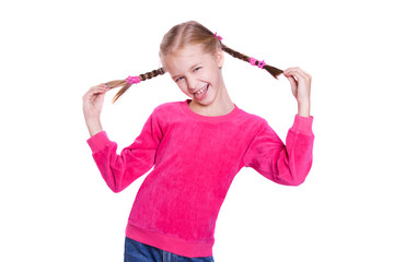 Funny Faces. Girl plays the fool isolated on white