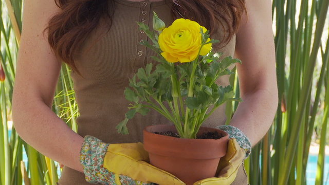 Young woman holding a potted plant outside
