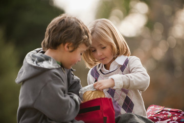 Mixed race brother and sister eating lunch