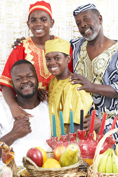 African American multi-generational family in traditional clothing