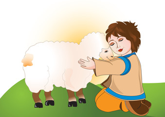 Sheperd child with his favorite sheep in the meadow