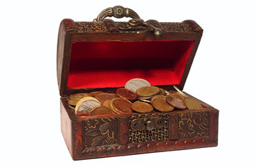 Wooden chest with coins