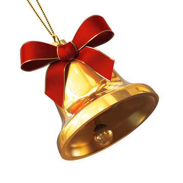 Ringing golden bell with red bow