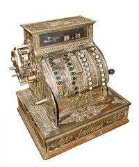 Antique old cash register isolated on white background