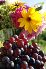 Obst mit Blumen im Hintergrund
