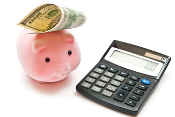 Calculator and piggy bank