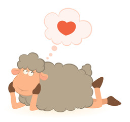 Vector illustration of cartoon sheep dreams about love