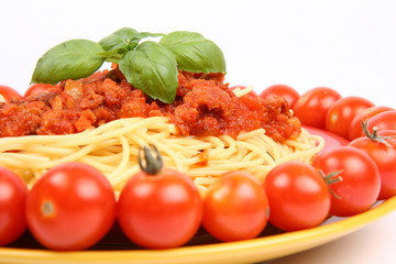 Spaghetti Bolognese decorated with cherry tomatoes