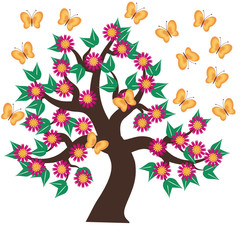 tree with flowers and butterflies