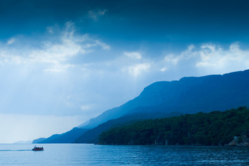 Blue mountains and bad weather in a Gokova Gulf. Turkey