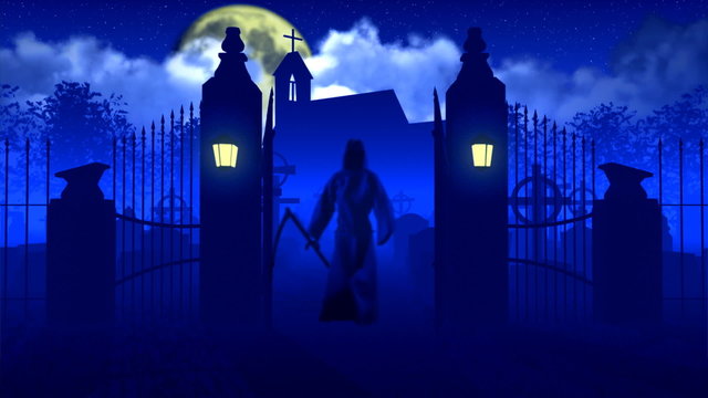 Reaper leaves from gate of cemetary