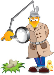 Detective chicken inspects a broken egg
