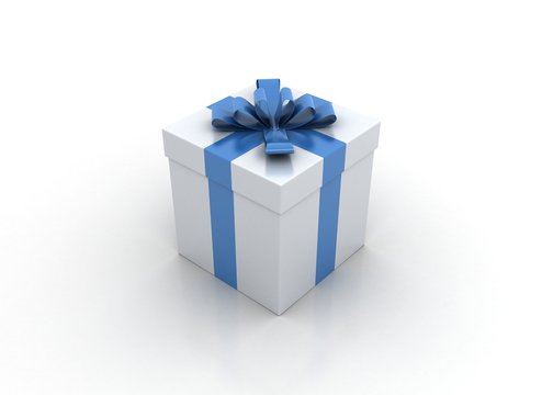 one white gift box with blue ribbon and bow isolated