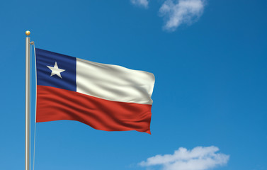 Flag of Chile waving in the wind in front of blue sky