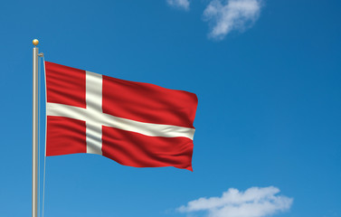 Fototapeta na wymiar Flaga Danii Macha w wiatr z przodu błękitne niebo