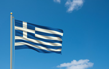 Obraz premium Flag of Greece waving in the wind in front of blue sky