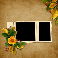 Card for the holiday  with autumn leaves on the abstract backgro