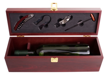 bottle of white wine and sommelier set