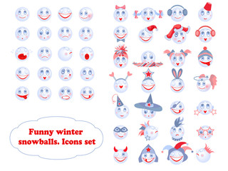 Funny winter snowballs icons set.