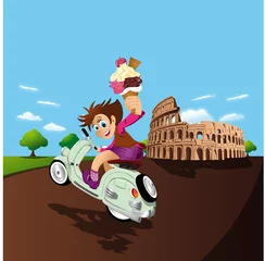Afwasbaar Fotobehang Motorfiets scooter en ijsillustratie in Rome
