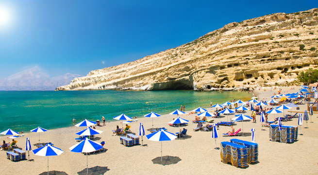 Famous Beach Matala, Greece Crete with sun shining