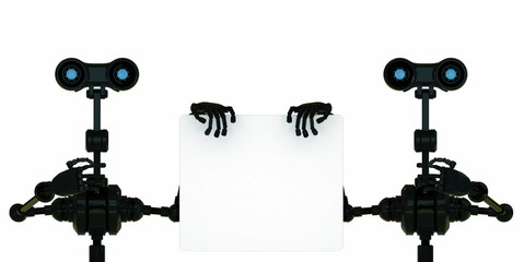 Two black stylish robots make business presentation