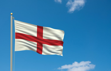 Flag of England waving in the wind in front of blue sky