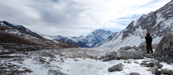 Panorama of Mountains in Manaslu Area - view from Larkya La