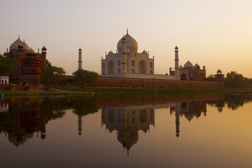 Taj Mahal sunset reflection, Yamuna River.