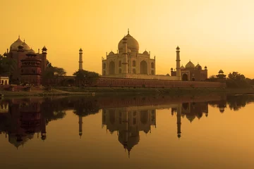 Küchenrückwand glas motiv Taj Mahal Sonnenuntergang Reflexion, Fluss Yamuna. © davidevison