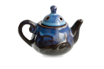 Old blue porcelain tea-pot isolated on white background