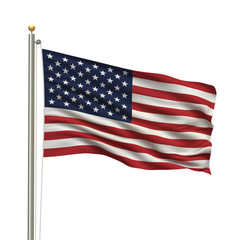 Flag of the USA waving in the wind over white background