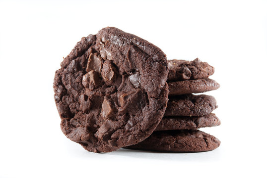 Stack of double chocolate chip cookies on isolated background