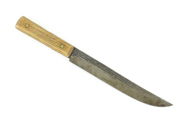 Old used kitchen knife on white background.